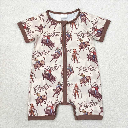 SR0856 Sibling Baby Infant Boys Western Cowboys Short Sleeve Zip Rompers