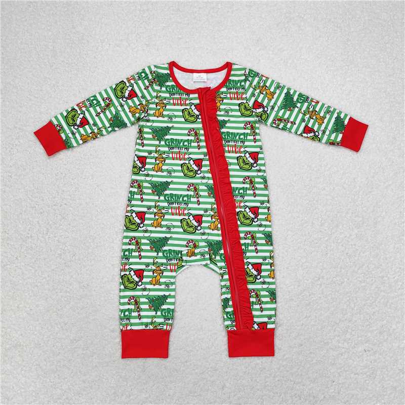 12.11 RTS NO MOQ （In stock）Matching Christmas LR1054 Baby Infant Girls Christmas Green Face Frog Zip Rompers