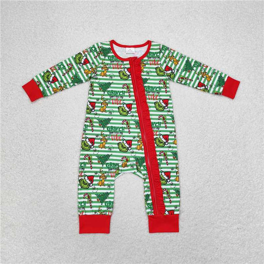 12.11 RTS NO MOQ （In stock）Matching Christmas LR1054 Baby Infant Girls Christmas Green Face Frog Zip Rompers