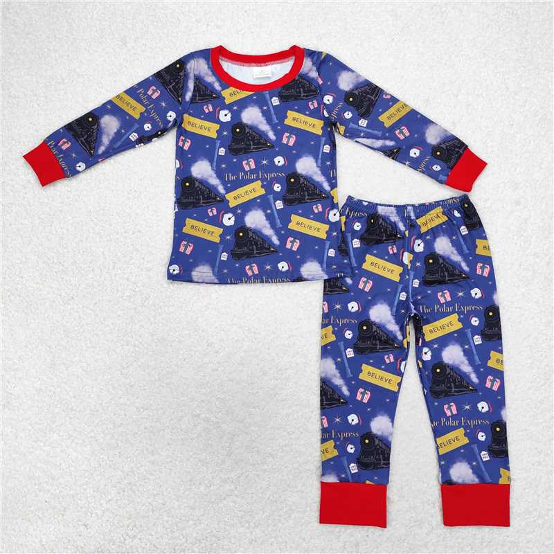 BLP0544Long sleeves train believe boys Christmas pajamas