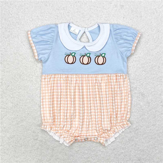 SR1710  Baby Infant Girls Fall Pumpkin Checkered Short Sleeve Rompers