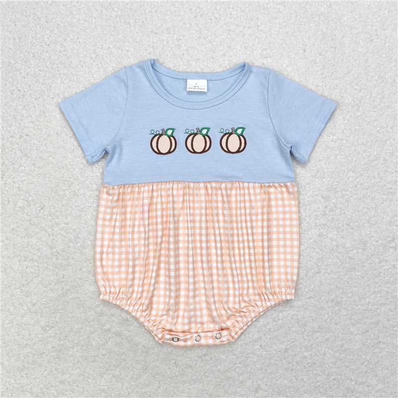 SR1711 Baby Infant Boys Fall Pumpkin Checkered Short Sleeve Rompers