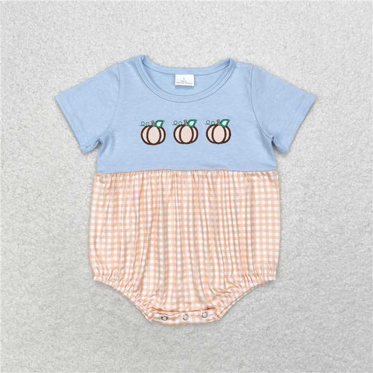 SR1711 Baby Infant Boys Fall Pumpkin Checkered Short Sleeve Rompers