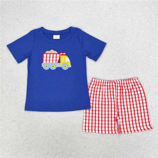 BSSO0857  Baby Boys Red Checkered Dump Truck Shirt Top Shorts Clothes Sets