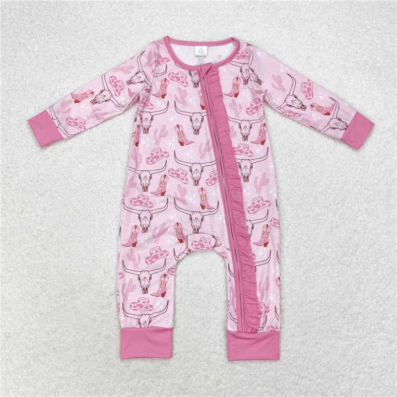 USA Warehouse (IN STOCK) LR0689 Baby Girls Cow Skull Pink Ruffle Zippy Long Sleeve Bamboo Rompers
