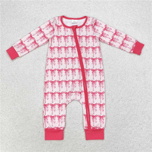 LR1035Long sleeves pink bow baby girls zipper romper
