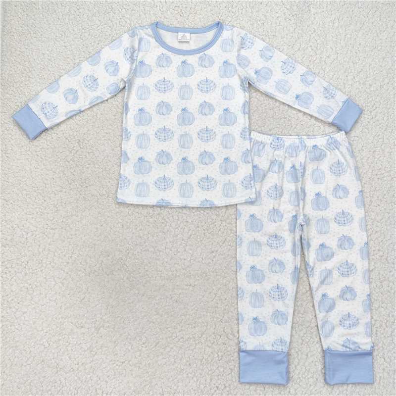 RTS NO MOQ （In stock） BLP0469Baby Boys Winter Outfits Blue pumpkin long sleeves kids boys fall pajamas