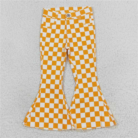 P0468  Baby Girls Orange Checkered Bell Flare Denim Pants