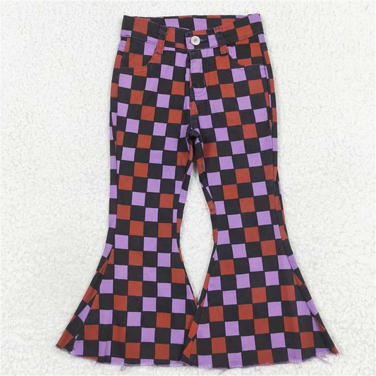 P0471  Baby Girls Halloween Checkered Bell Flare Denim Pants