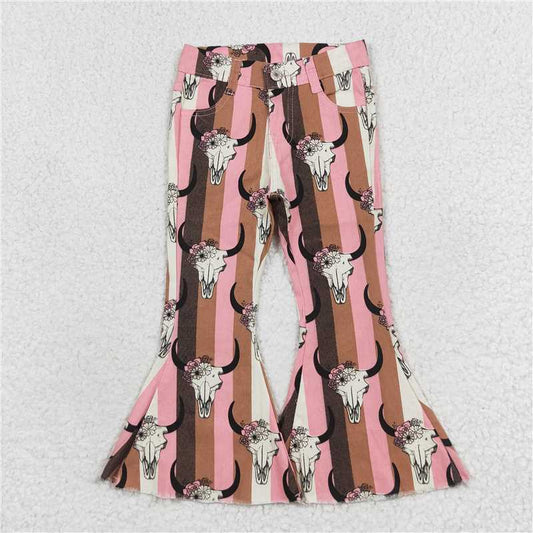 P0437RTS NO MOQ Baby Girls Denim Pants  Baby Girls Aztec Western Cow Skull Bell Flare Denim Pants