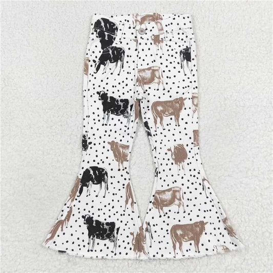 P0452  Baby Girls Polka Dots Western Cows Bell Flare Denim Pants