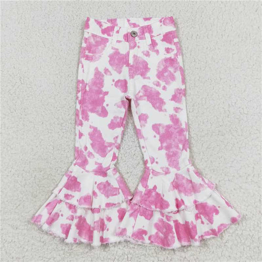 P0406  Baby Girls Pink Cow Double Ruffle Bell Flare Denim Pants