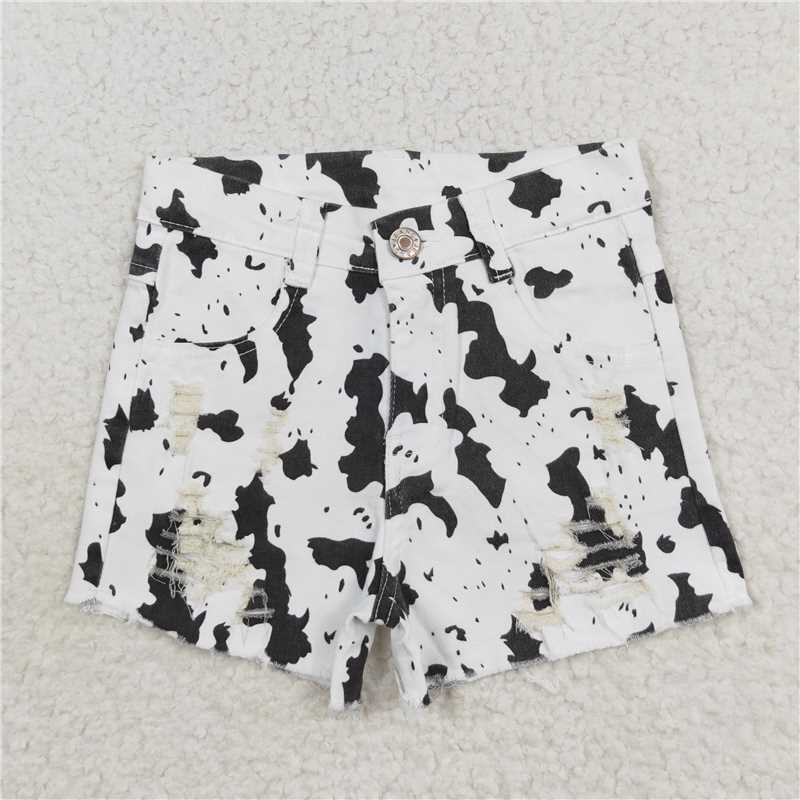 SS0332  Baby Girls Black White Cow Distressed Denim Shorts