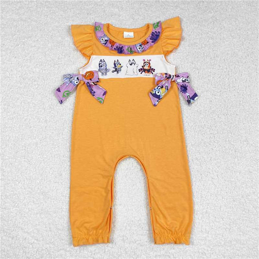SR1796  Baby Infant Girls Dog Halloween Bows Flutter Sleeve Rompers