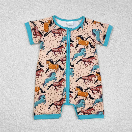 SR0934 Baby Infant Boys Western Horse Short Sleeve Zip Rompers