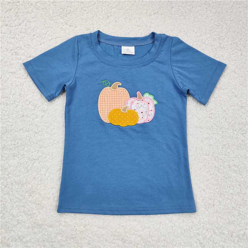 BT0675  Baby Girls Blue Pumpkin Short Sleeve Tee Shirts Tops