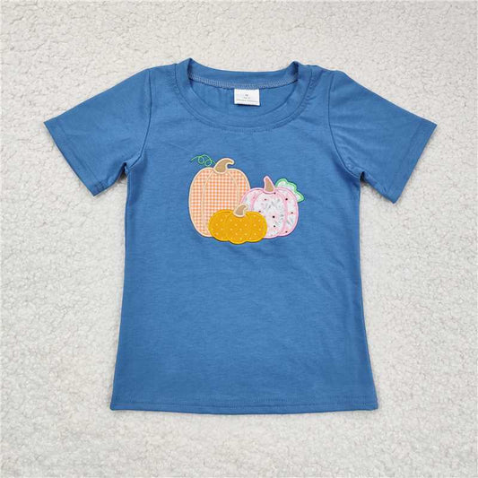 BT0675  Baby Girls Blue Pumpkin Short Sleeve Tee Shirts Tops