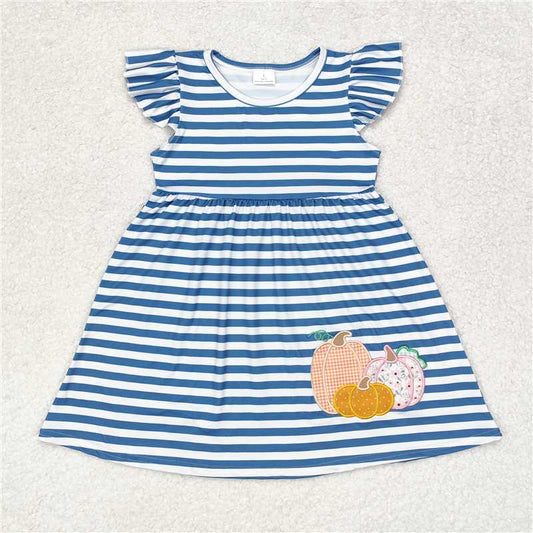 GSD1254  Baby Girls Blue Stripes Pumpkin Flutter Sleeve Knee Length Dresses