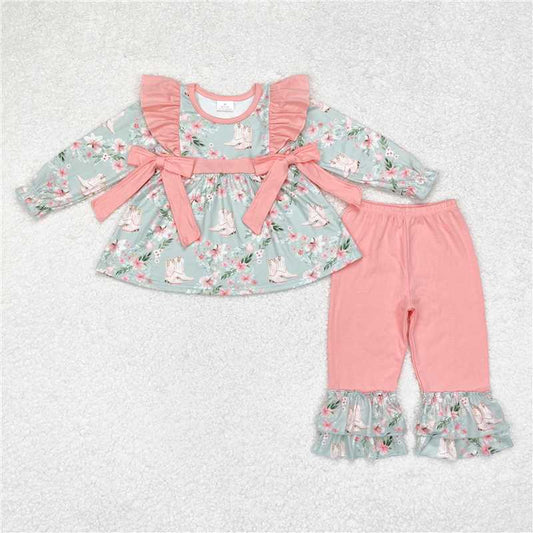 GLP1309Floral boots tunic ruffle pants kids girls clothing
