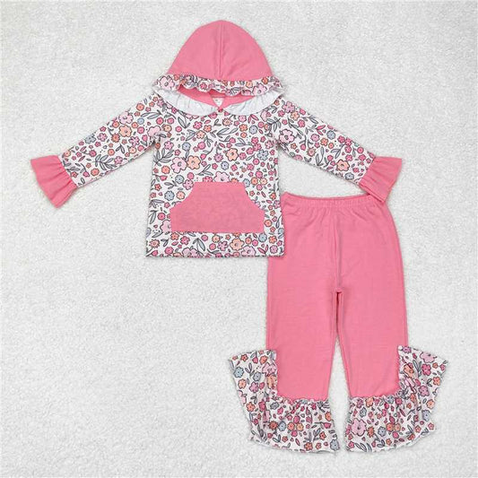 GLP1285  Baby Girls Bright Pink Flowers Hooded Top Ruffles Pants Clothes Sets