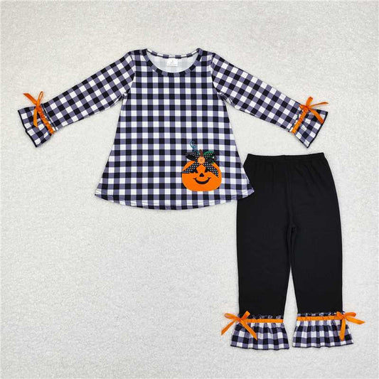 GLP1674Black plaid pumpkin top ruffle pants girls Halloween set