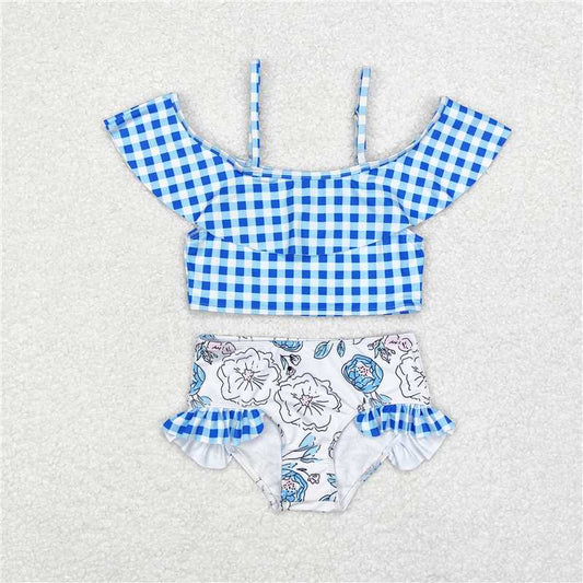 S0254 Baby Girls Blue Checkered Top Floral Bummie Two Pieces Swimsuits