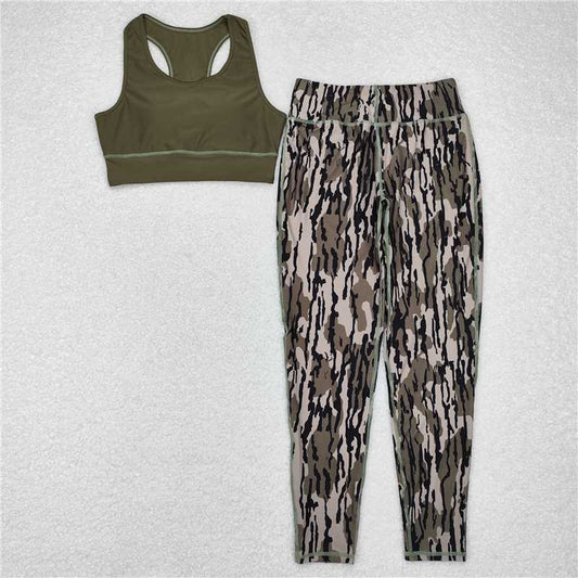 GSPO1666 Adult Women Green Vest Top Camo Branches Pants Yoga Sports Clothes Sets