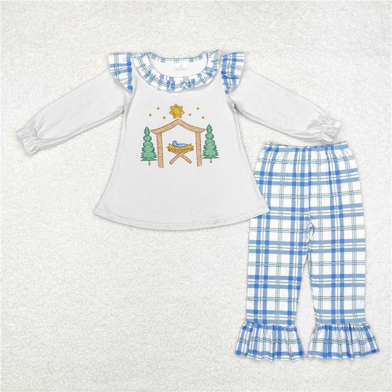 GLP1381 Christmas Tree Jesus Light Grey Long Sleeve Blue Plaid Lace Trousers Set