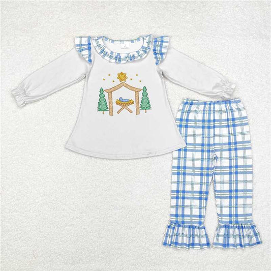 GLP1381 Christmas Tree Jesus Light Grey Long Sleeve Blue Plaid Lace Trousers Set