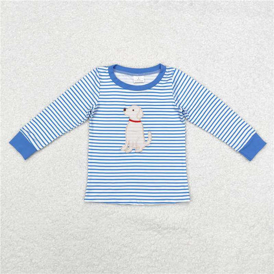 BT0808  Sibling Girls Boys Blue Stripes Dog Tops Dresses Rompers