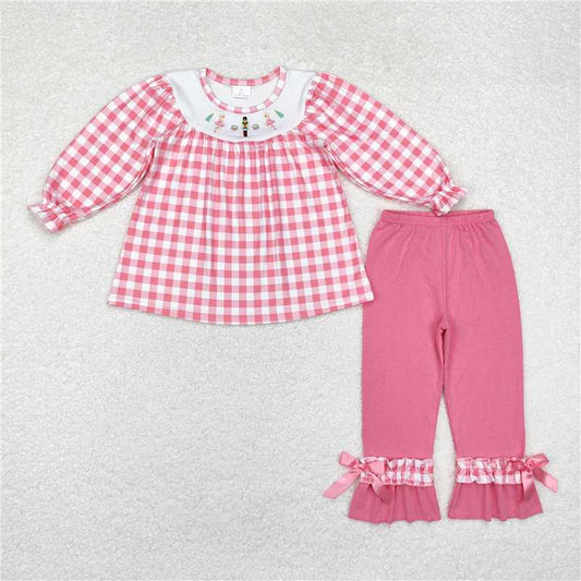 GLP1306 Embroidered Christmas Nutcracker Pink Plaid Pants Pajama Set
