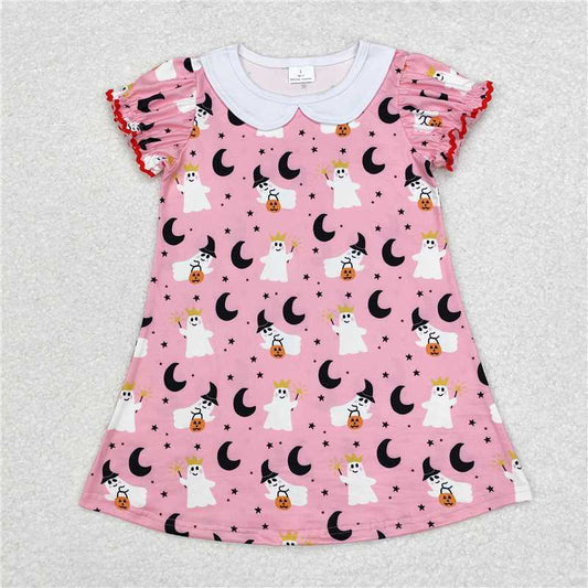 GSD1400  Baby Girls Halloween Pink Ghost Moon Knee Length Dresses