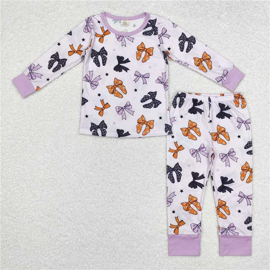 GLP1708Lavender spider stripe bow kids girls Halloween pajamas