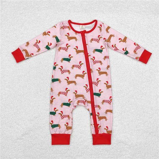 RTS LR1081 Modal Christmas hat puppy pink zipper long sleeve jumpsuit