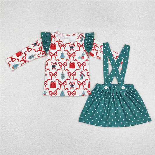GLD0617 Christmas bow cane pattern polka dot green long-sleeved suspender skirt suit