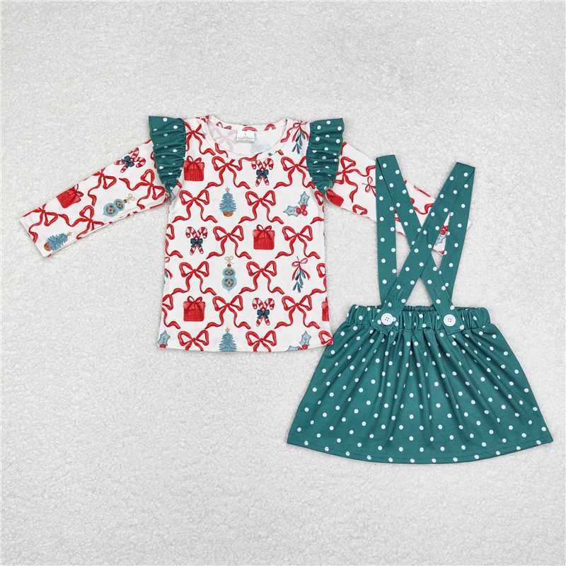 GLD0617 Christmas bow cane pattern polka dot green long-sleeved suspender skirt suit
