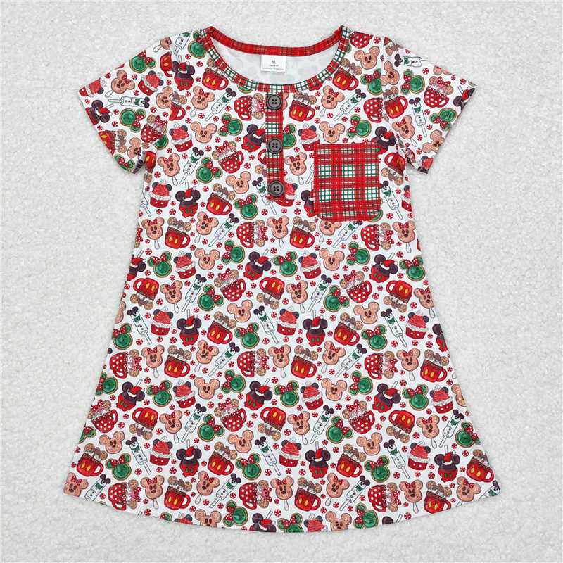 GSD1403 Short sleeves plaid pocket mouse cake girls Christmas dress