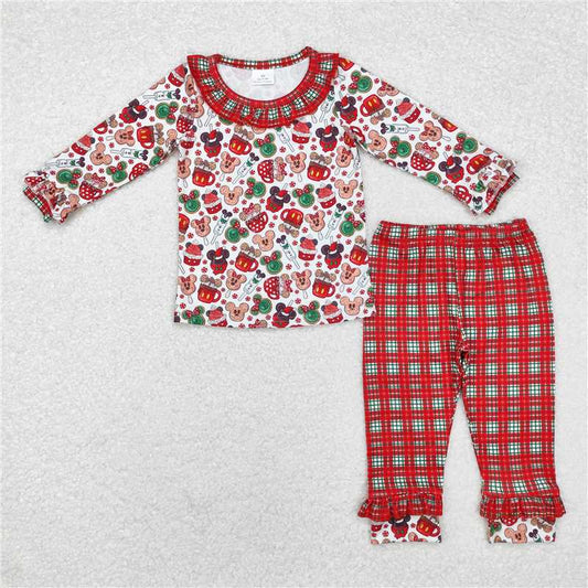 12.6 RTS NO MOQ （In stock）GLP1550 Baby Girls Christmas Cartoon Mouses Top Plaid Pants Pajamas Clothes Sets