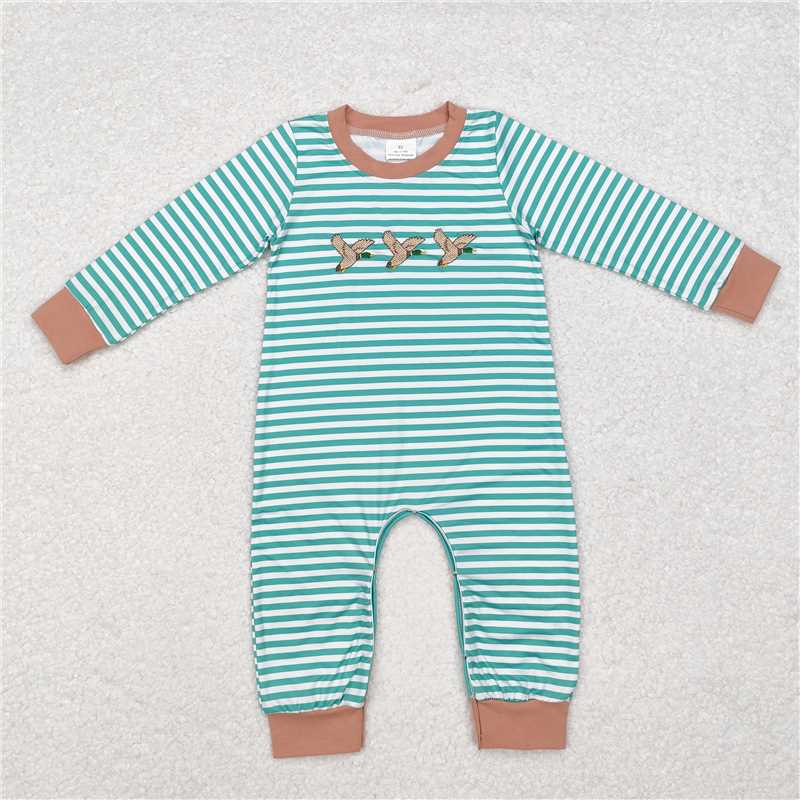 RTS LR1618 Embroidered duck stripe brown green long sleeve jumpsuit
