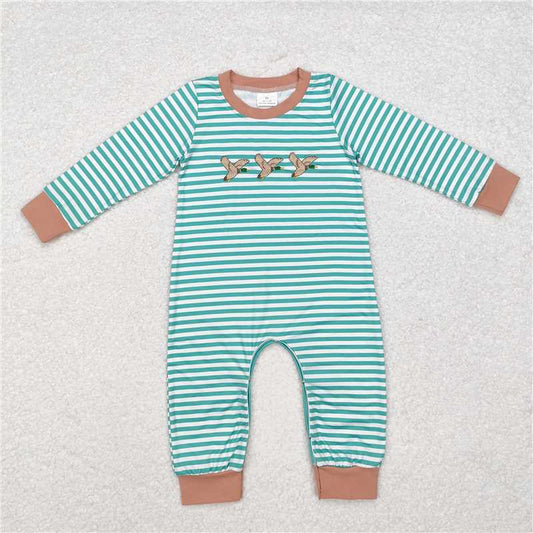 RTS LR1618 Embroidered duck stripe brown green long sleeve jumpsuit