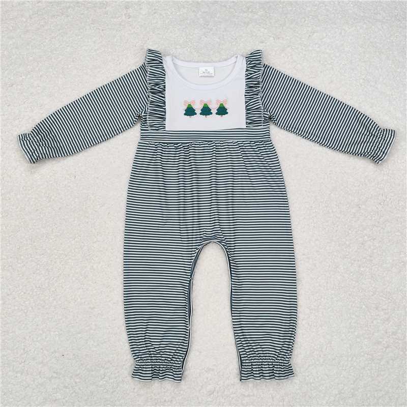 12.1 RTS NO MOQ （In stock）LR1587 Baby Infant Girls Christmas Green Stripes Trees Rompers