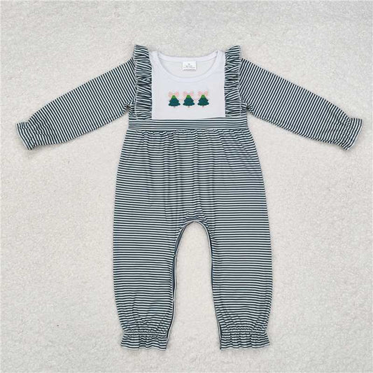 12.1 RTS NO MOQ （In stock）LR1587 Baby Infant Girls Christmas Green Stripes Trees Rompers