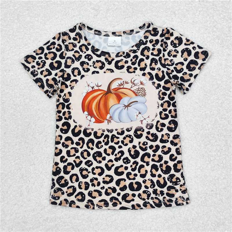 GT0688 Mommy And Me Fall Pumpkin Leopard Short Sleeve T-shirt Top
