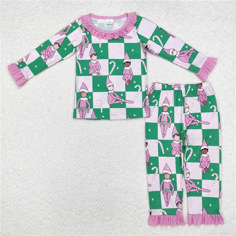 12.9 RTS NO MOQ （In stock）GLP1610 Baby Girls Pink Christmas Trees Bamboo Pajamas Clothes Sets
