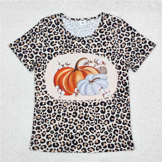 GT0689  Adult Women Leopard Pumpkin Fall Short Sleeve Tee Shirts Tops