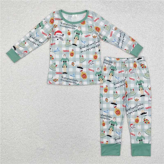 BLP0804Green hat plaid long sleeves kids boys Christmas pajamas