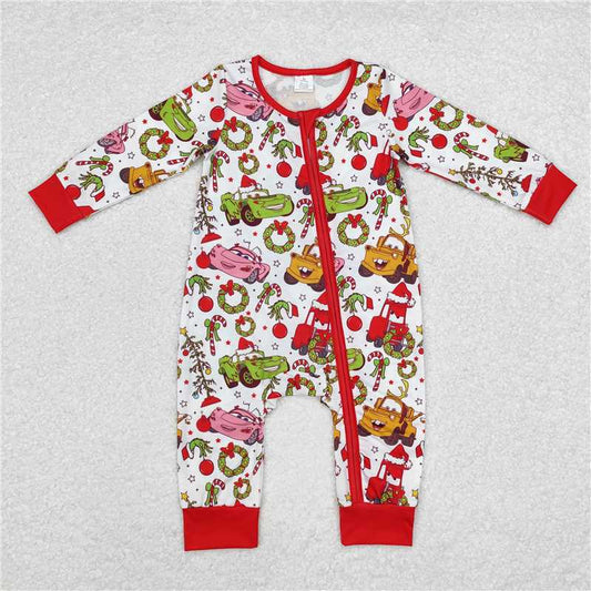 RTS LR1559 cars Modal Christmas cartoon car red and white zipper long sleeve jumpsuit