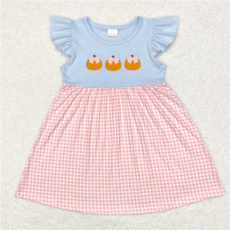 10.27 RTS NO MOQ （In stock）Matching GSD1421 Baby Girls Pumpkins Pink Checkered Knee Length Dresses