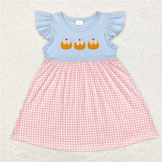 10.27 RTS NO MOQ （In stock）Matching GSD1421 Baby Girls Pumpkins Pink Checkered Knee Length Dresses