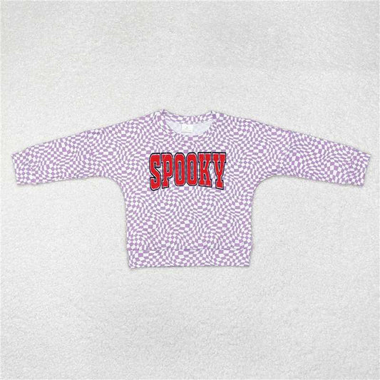 GT0716  Baby Girls Halloween Lavender Checkered Spooky Long Sleeve Tee Shirts Tops